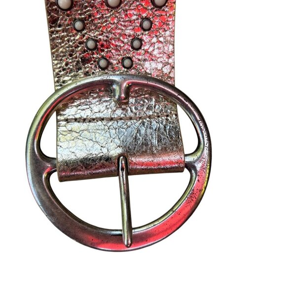Another Line Inc. Metallic Gold Italian Leather Studded Wide Belt Side Large - Picture 3 of 7